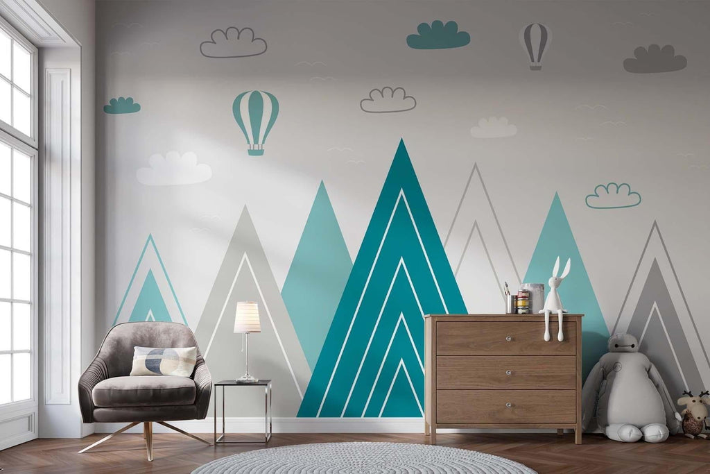 Hot air balloon wallpaper installation in a reading nook corner