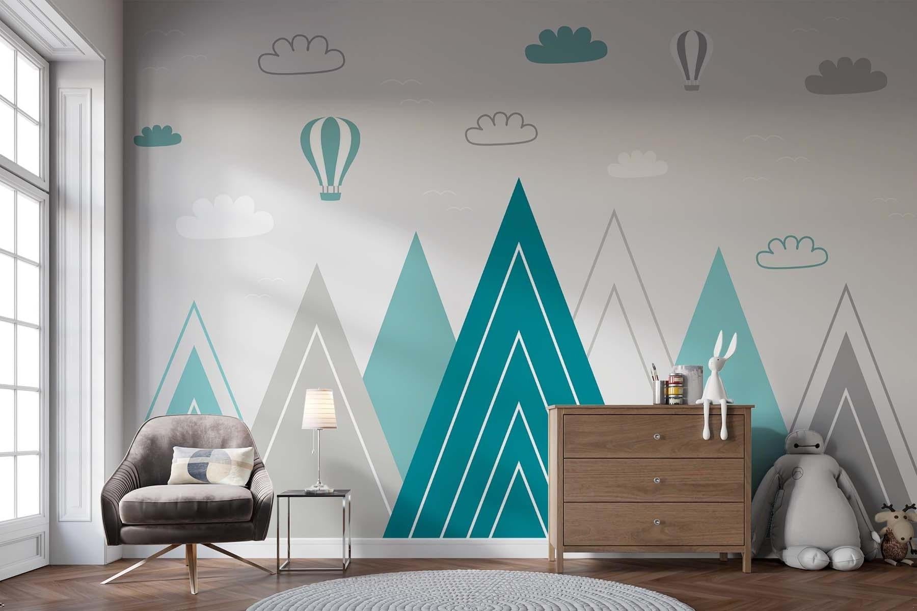 Hot air balloon wallpaper installation in a reading nook corner