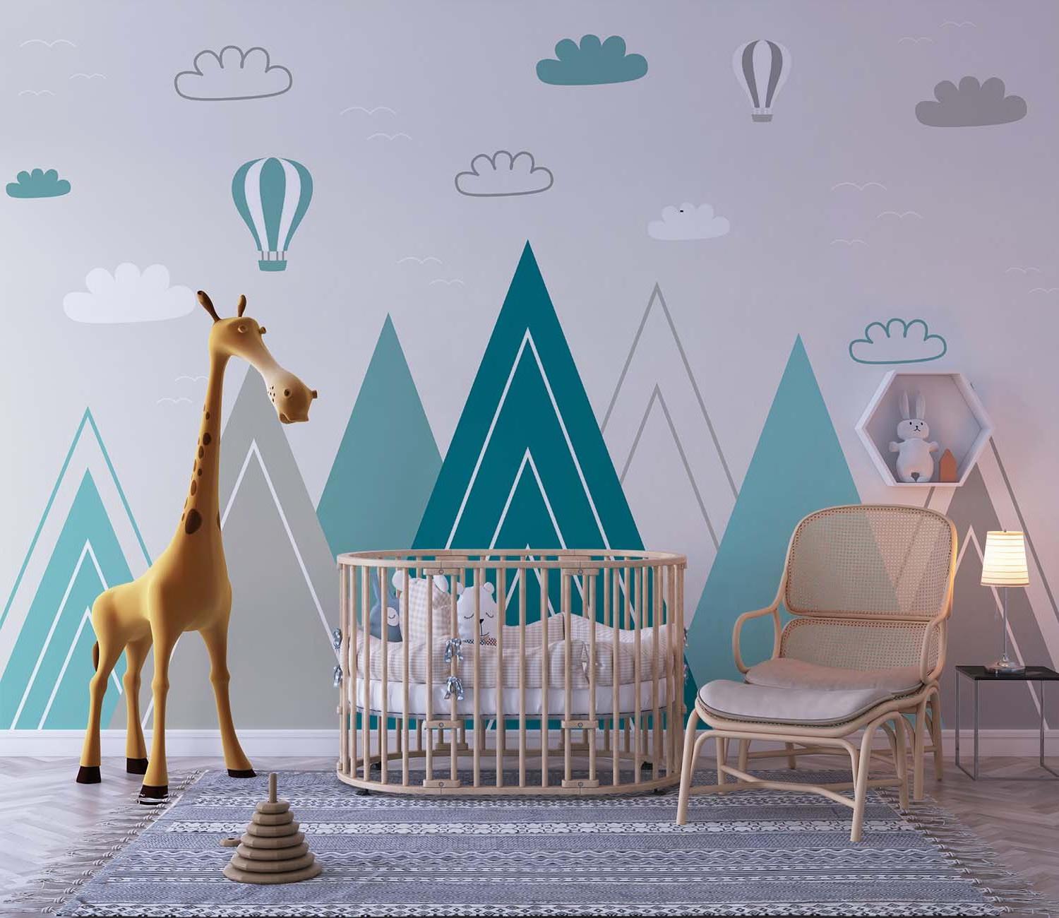 Turquoise mountain peaks mural in a minimalist living room setting