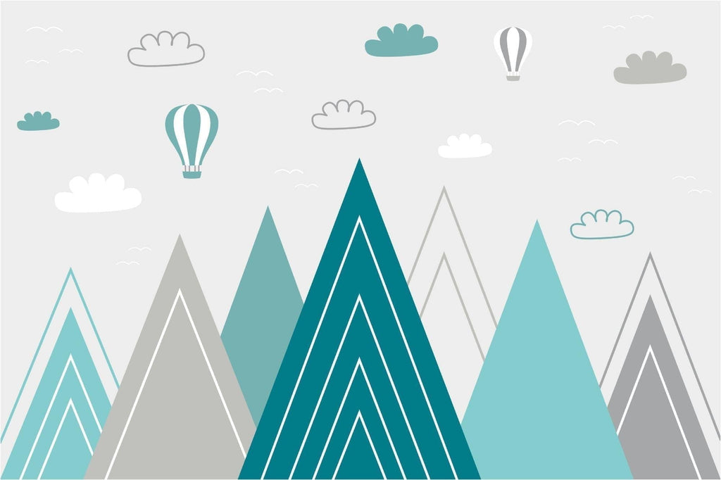 Design file showing turquoise mountain peaks pattern with floating hot air balloons and clouds
