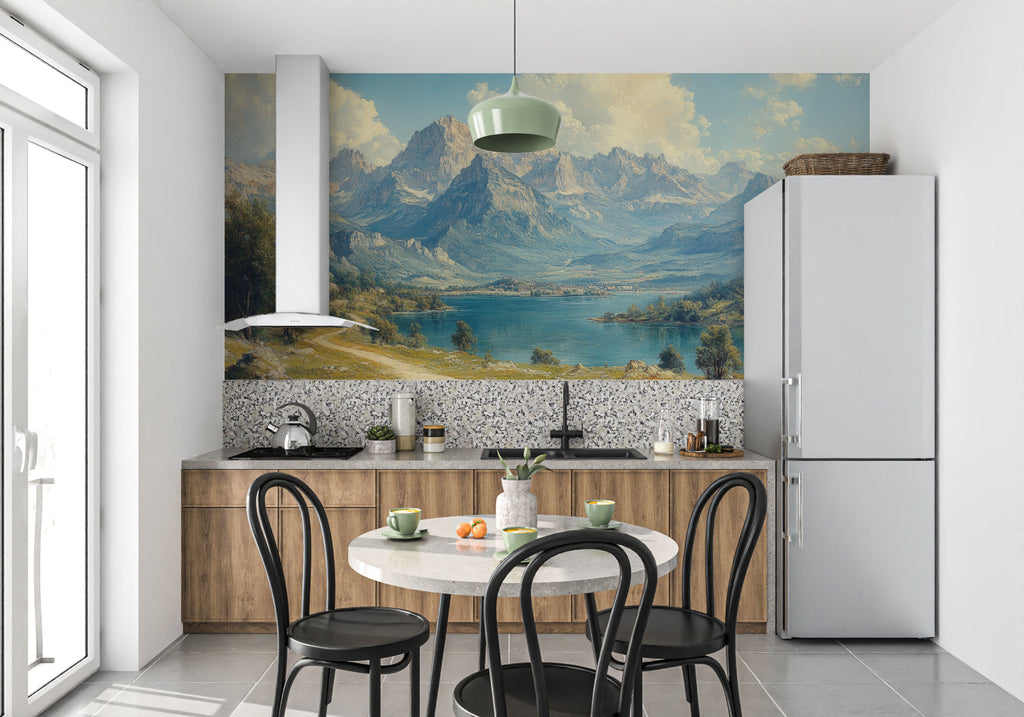 Dining room transformed with alpine lake mural showcasing morning light effect