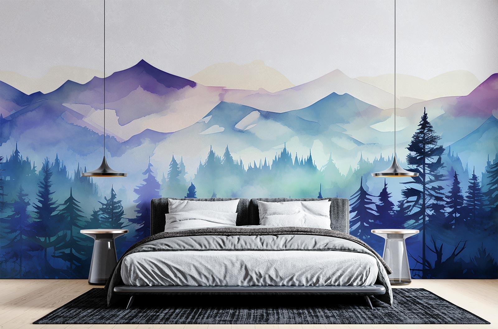 Mountain landscape wallpaper showcased in a modern living room with minimal furniture