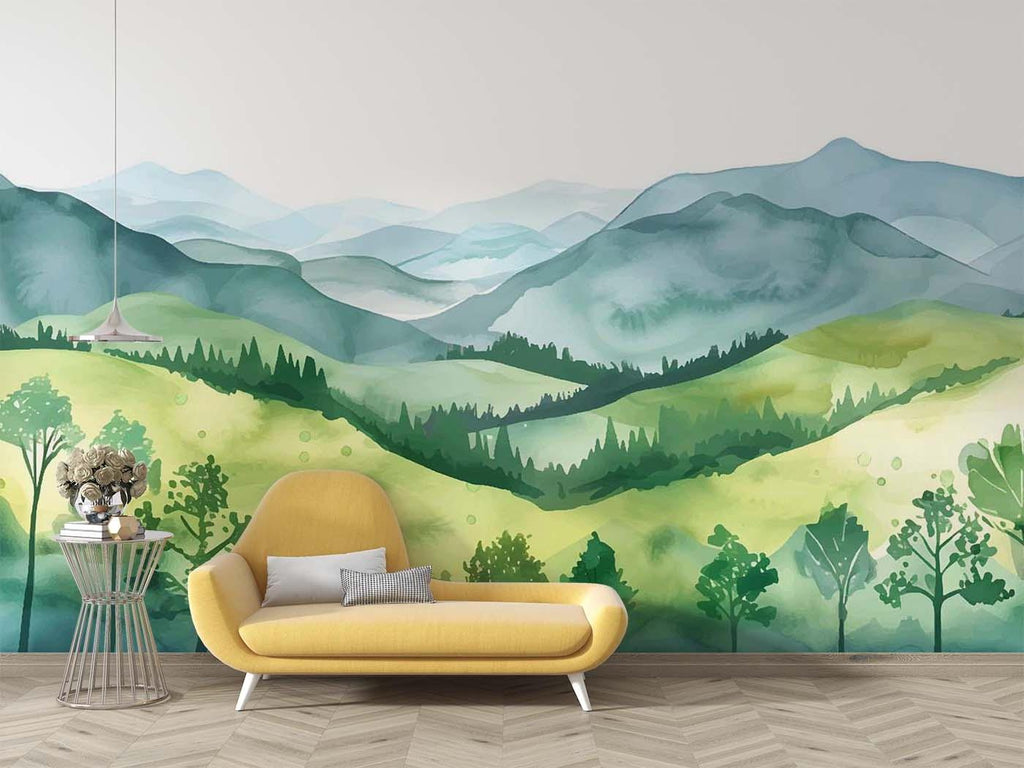 Watercolor mountain wallpaper showcased in a cozy bedroom with earth-toned decor