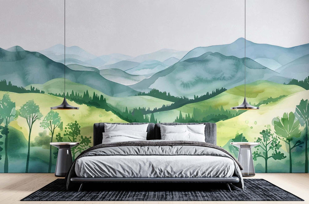 Green hills wallpaper adding natural beauty to a reading nook