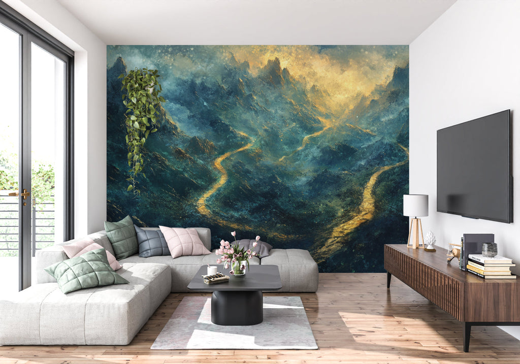 Mountain wall mural with golden accents enhancing a home office space