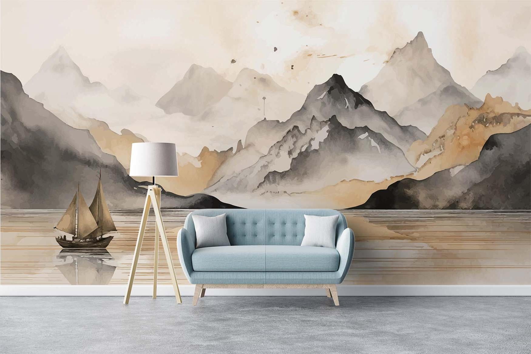 Watercolor mountain scene enhancing a meditation room's calm atmosphere