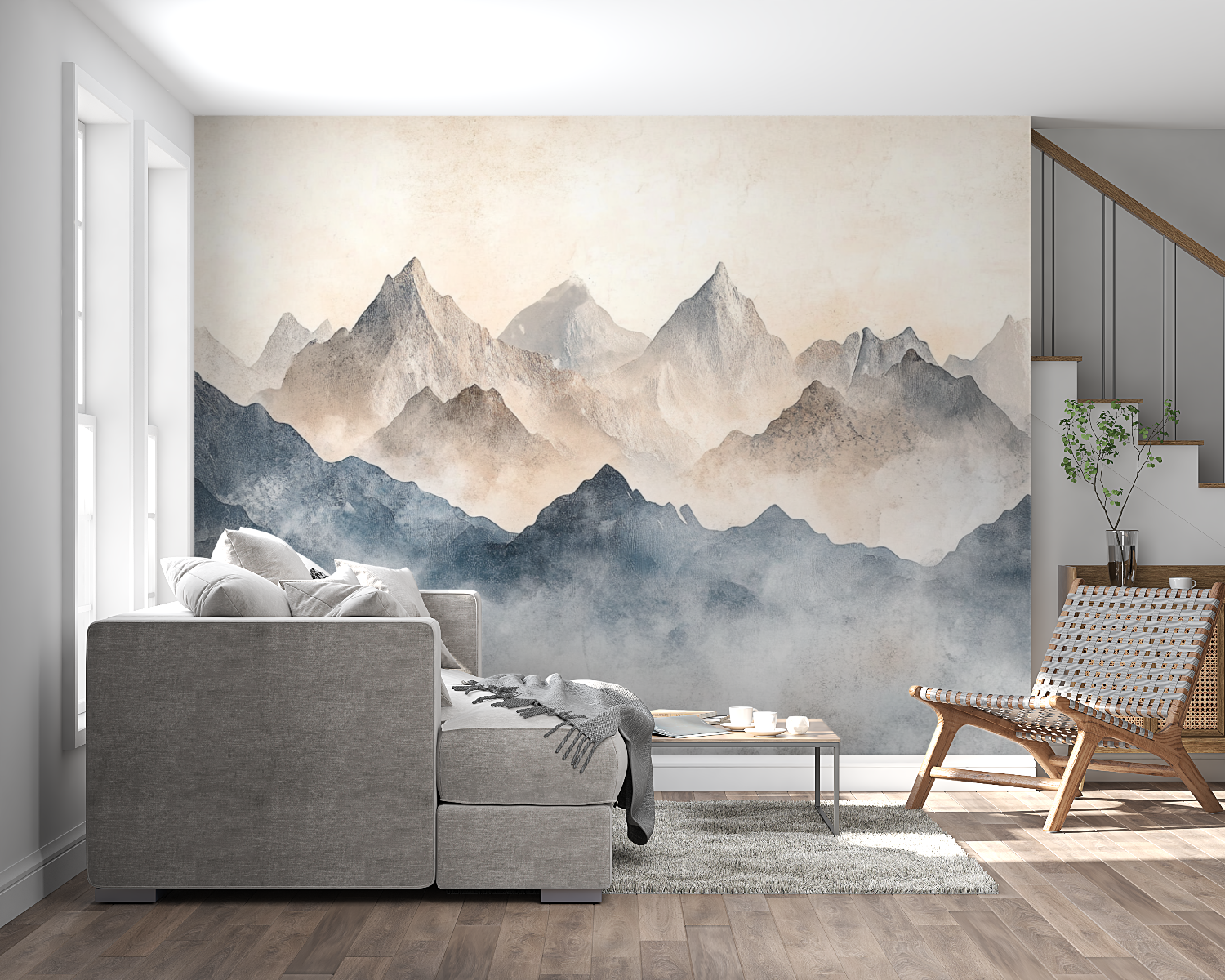 Misty mountain wallpaper enhancing a meditation room with natural tones