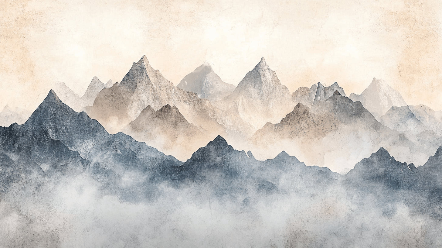 Mountain range wallpaper design file showing detailed watercolor peaks and misty elements