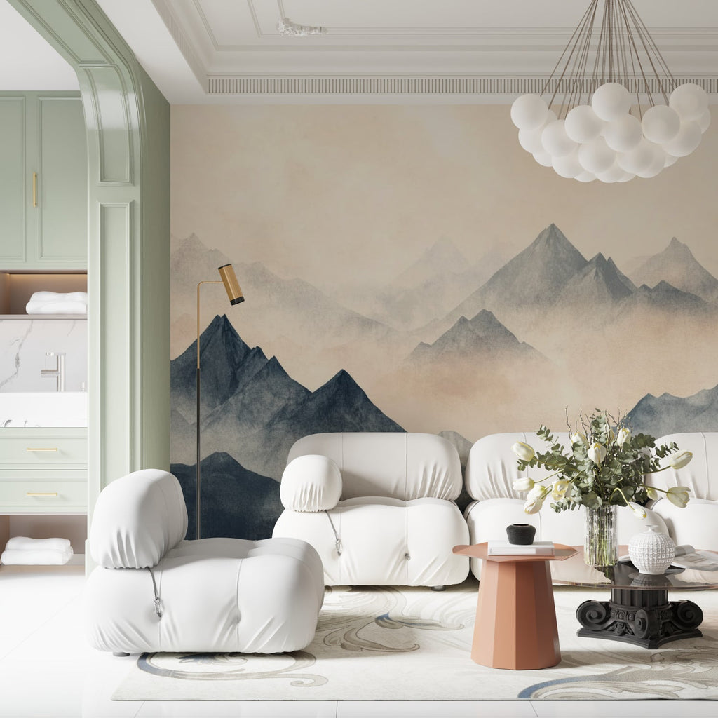 Dining room showcase of mountain peak wallpaper in cool blue and gray shades