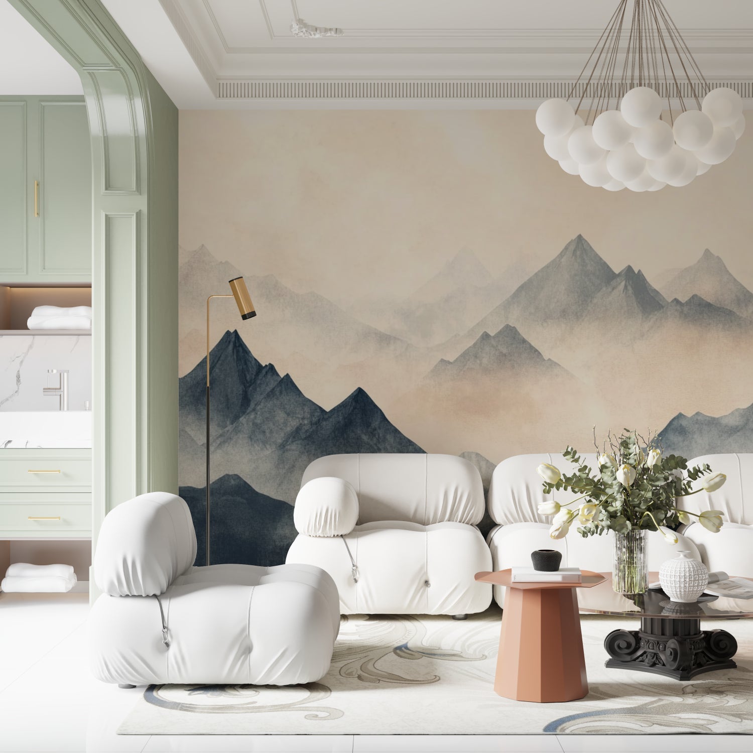 Dining room showcase of mountain peak wallpaper in cool blue and gray shades