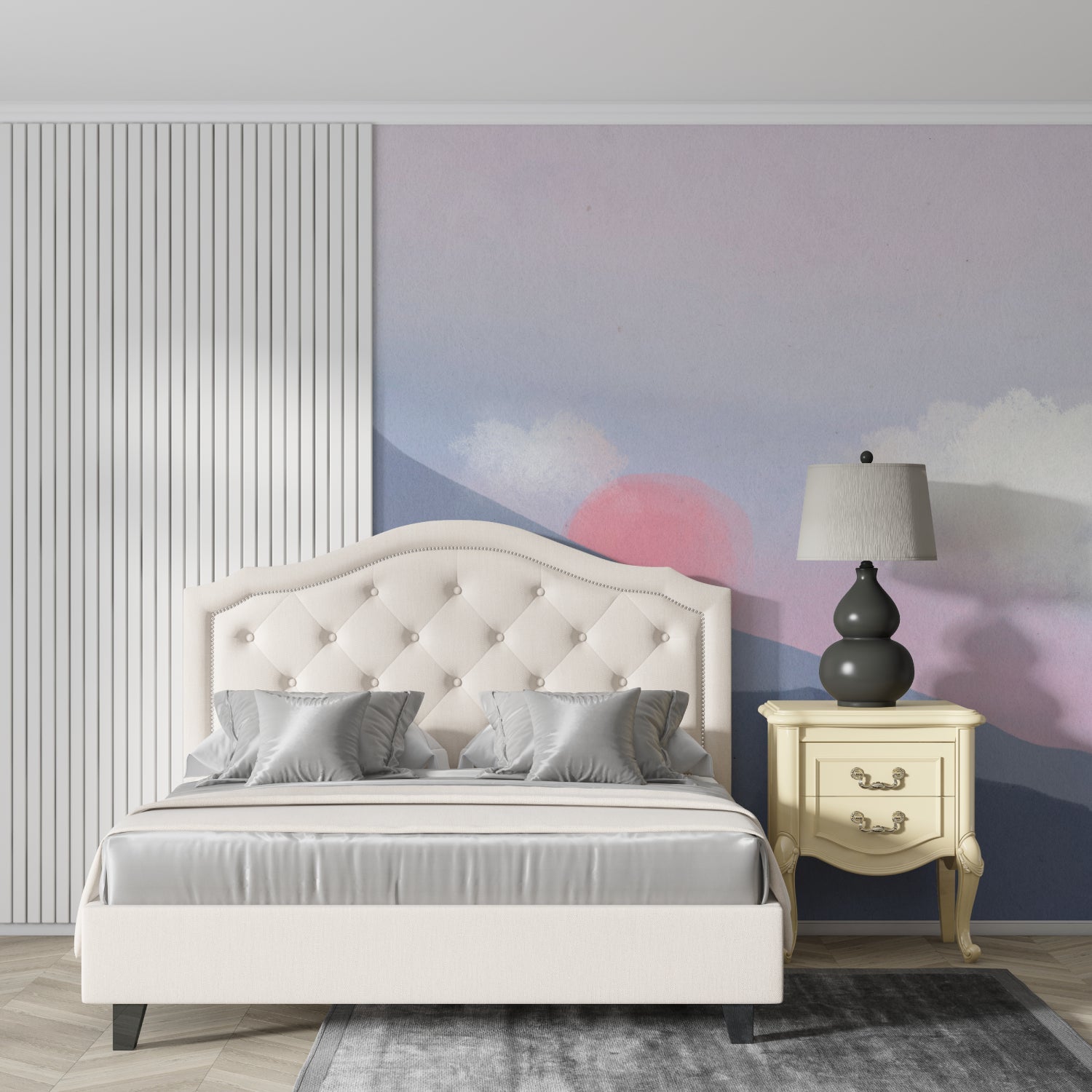 Home office featuring watercolor mountain mural with soft sunset colors