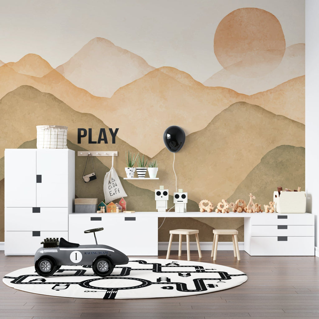 Mountain peak wall mural in dining room with warm lighting