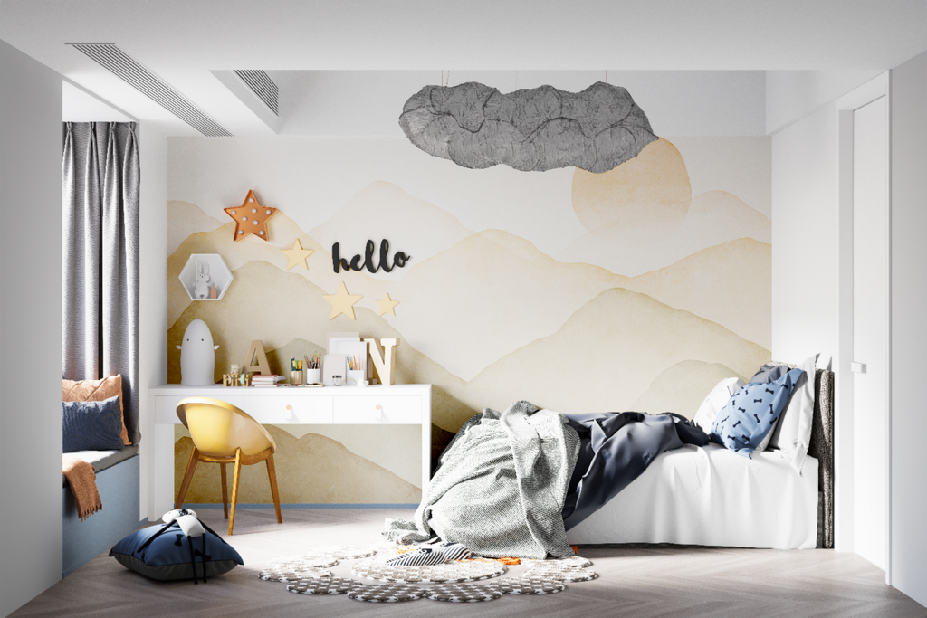 Landscape wallpaper in meditation room highlighting calming effect