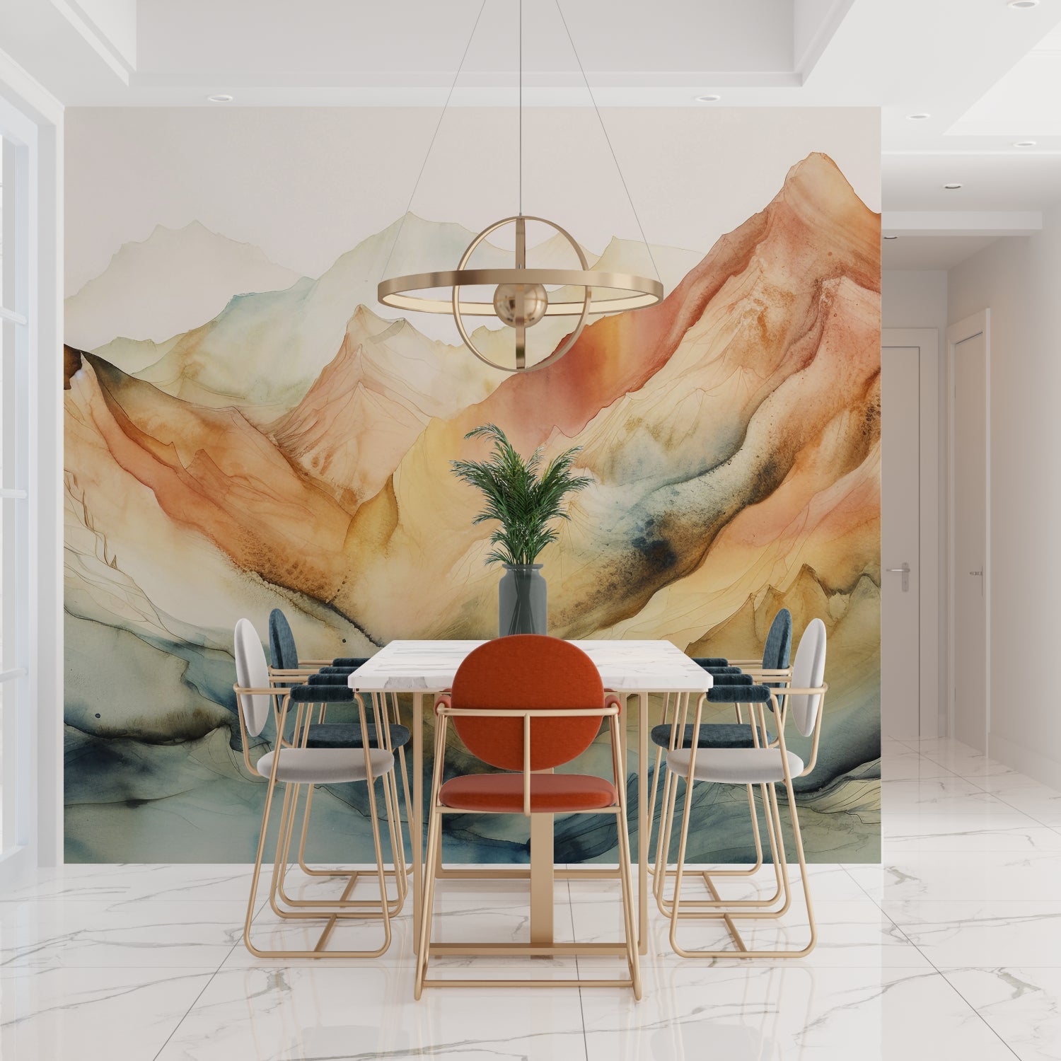 Mountain landscape wallpaper in modern living room, showing terracotta peaks against white furniture
