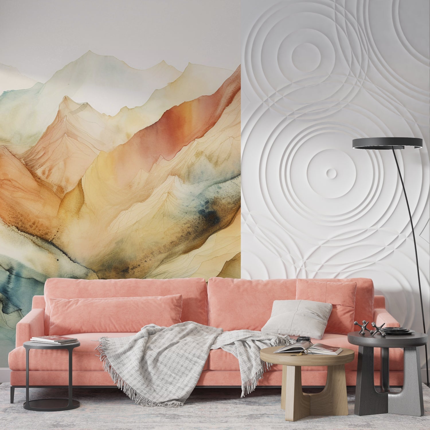 Watercolor mountain mural creating depth in minimal bedroom setting