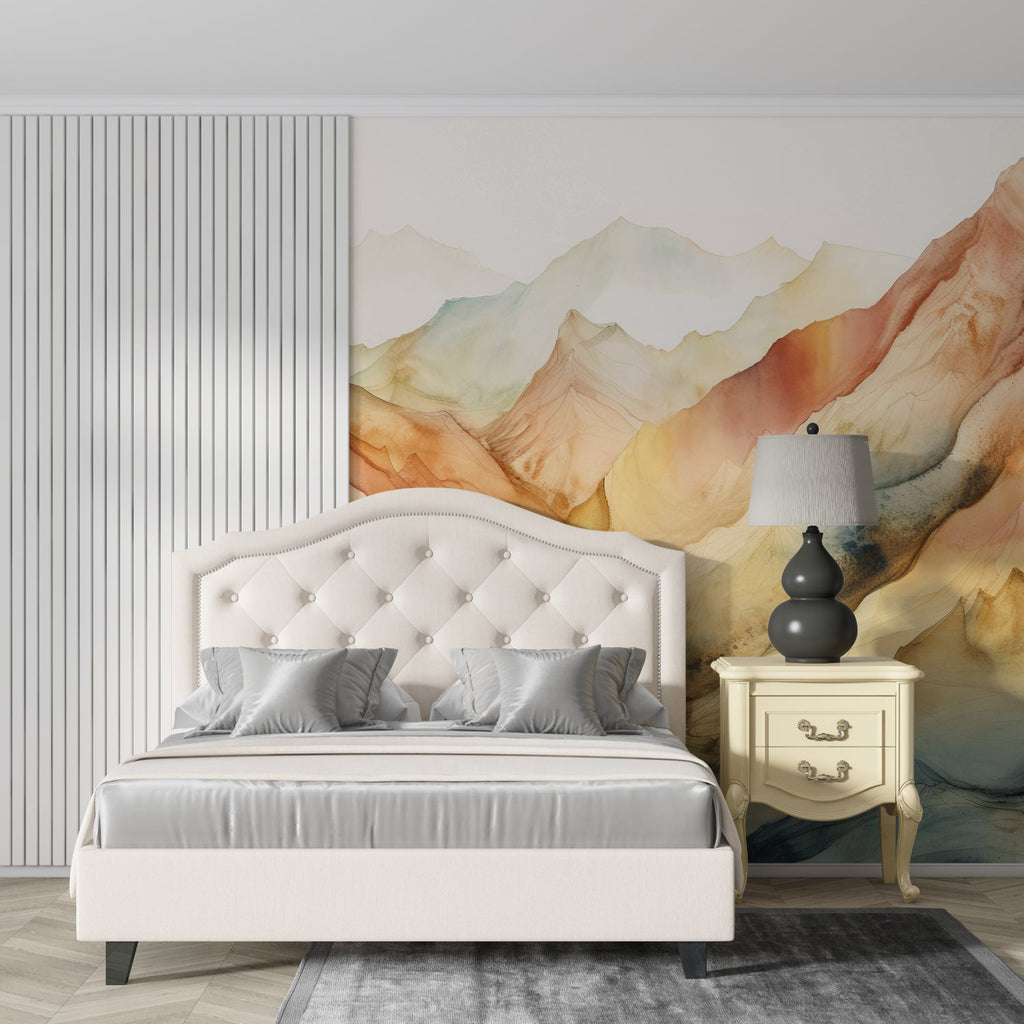 Terracotta mountain wallpaper in home office with natural lighting