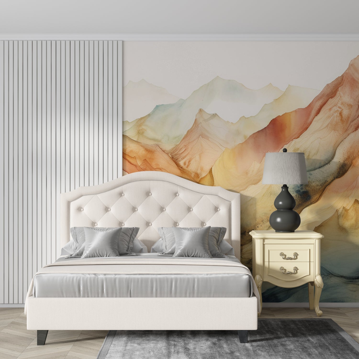 Terracotta mountain wallpaper in home office with natural lighting