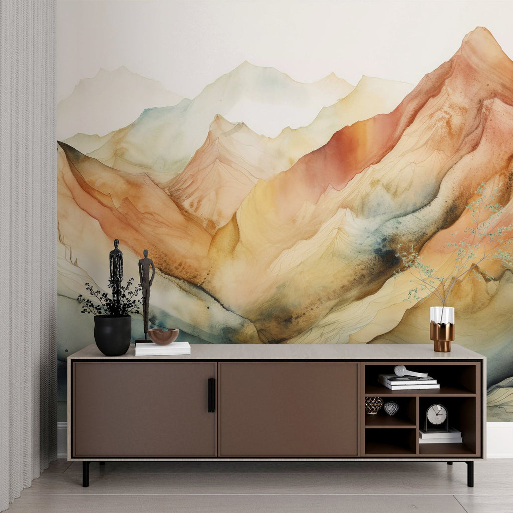 Mountain wall mural showcased in dining room with earth tone decor