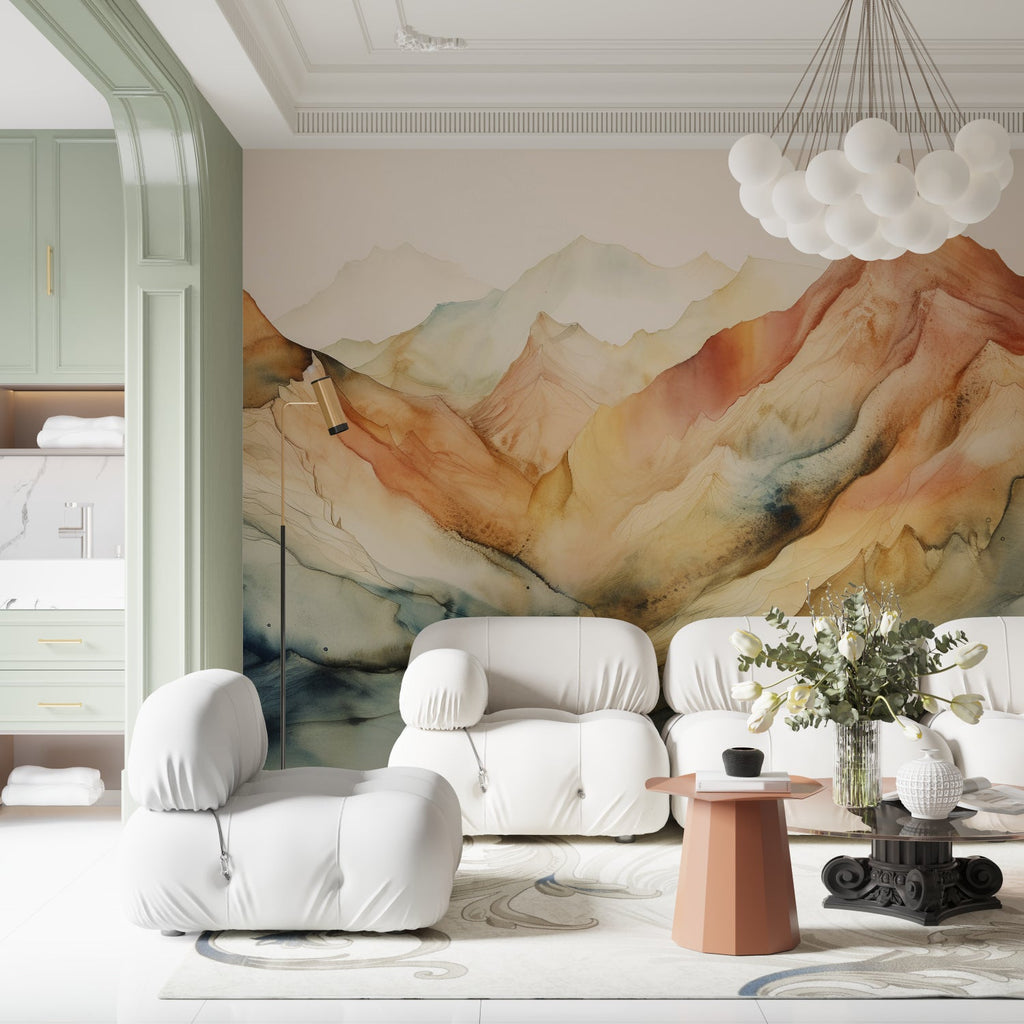 Watercolor landscape mural adding warmth to contemporary hallway