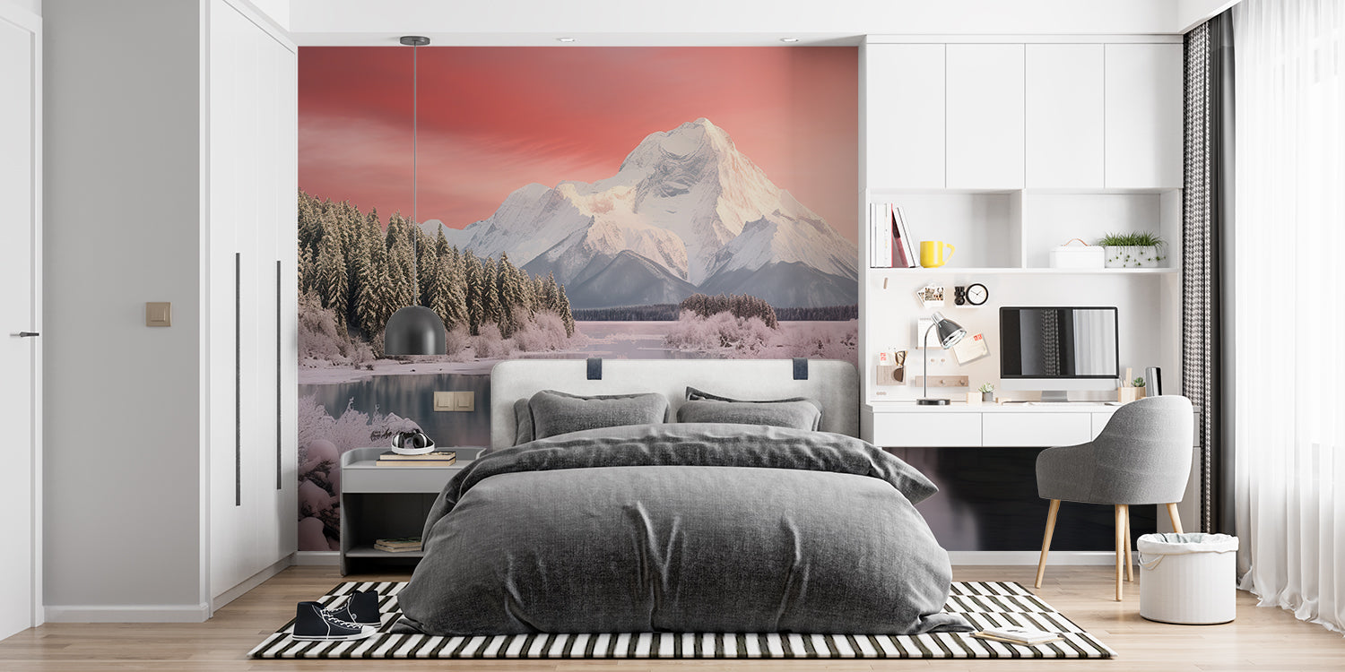 Dining room wall with scenic mountain lake wallpaper creating peaceful mealtime atmosphere