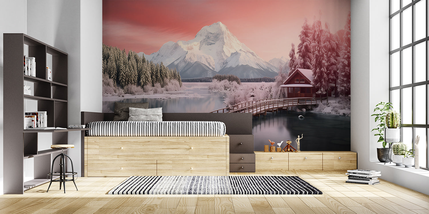 Hallway transformed by panoramic mountain wallpaper with winter lake and rosy sky