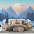 Mountain landscape wallpaper showcased in a bright modern living room, creating a peaceful mountain retreat atmosphere