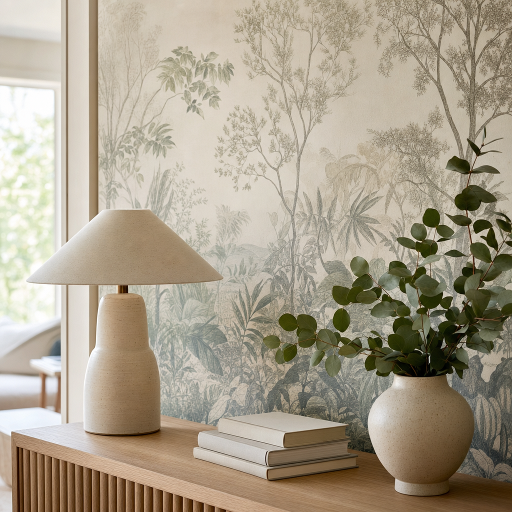 Detail of a botanical wall mural with refined decor