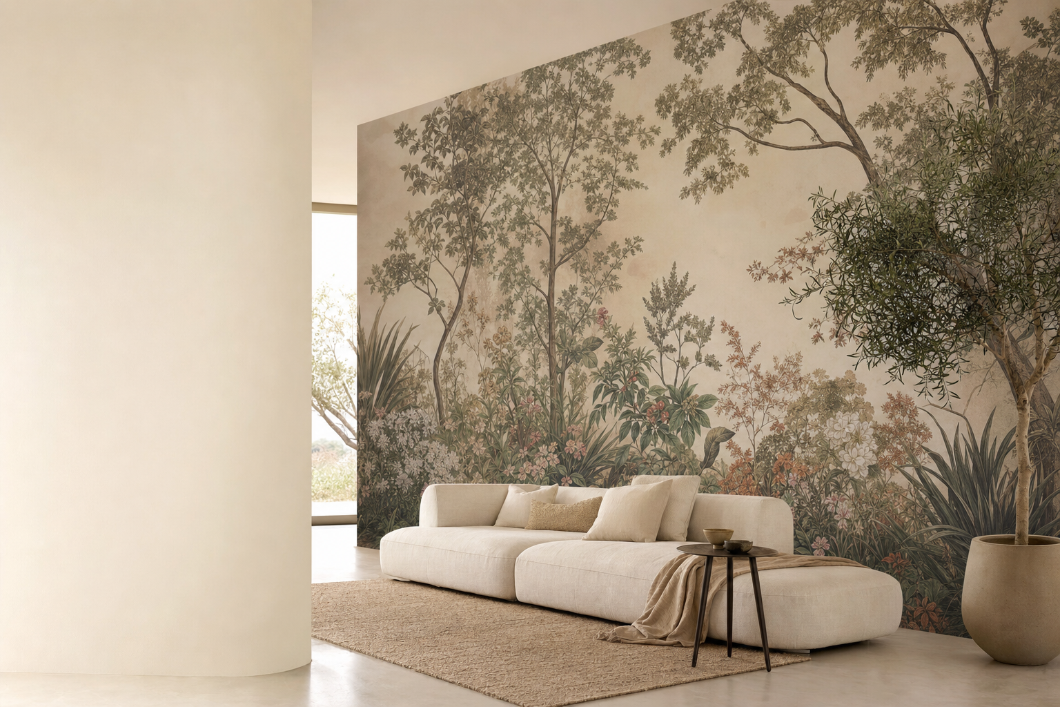 Botanical wall mural in a calm living room