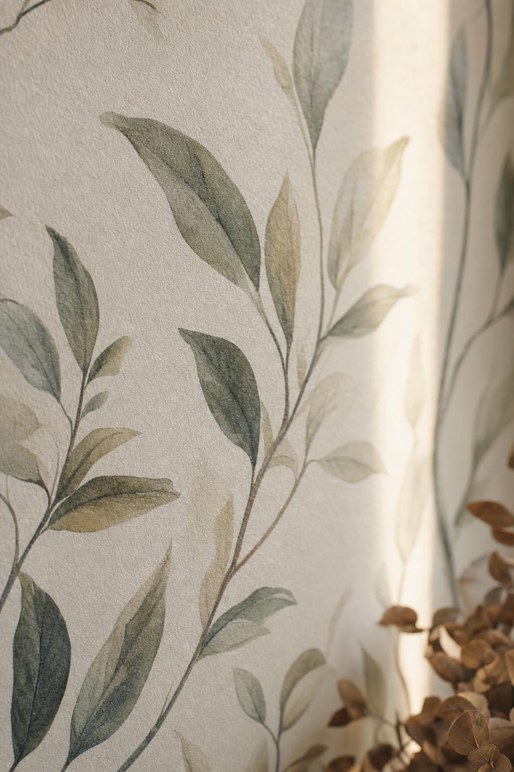 Close-up of a botanical mural's matte non-woven surface