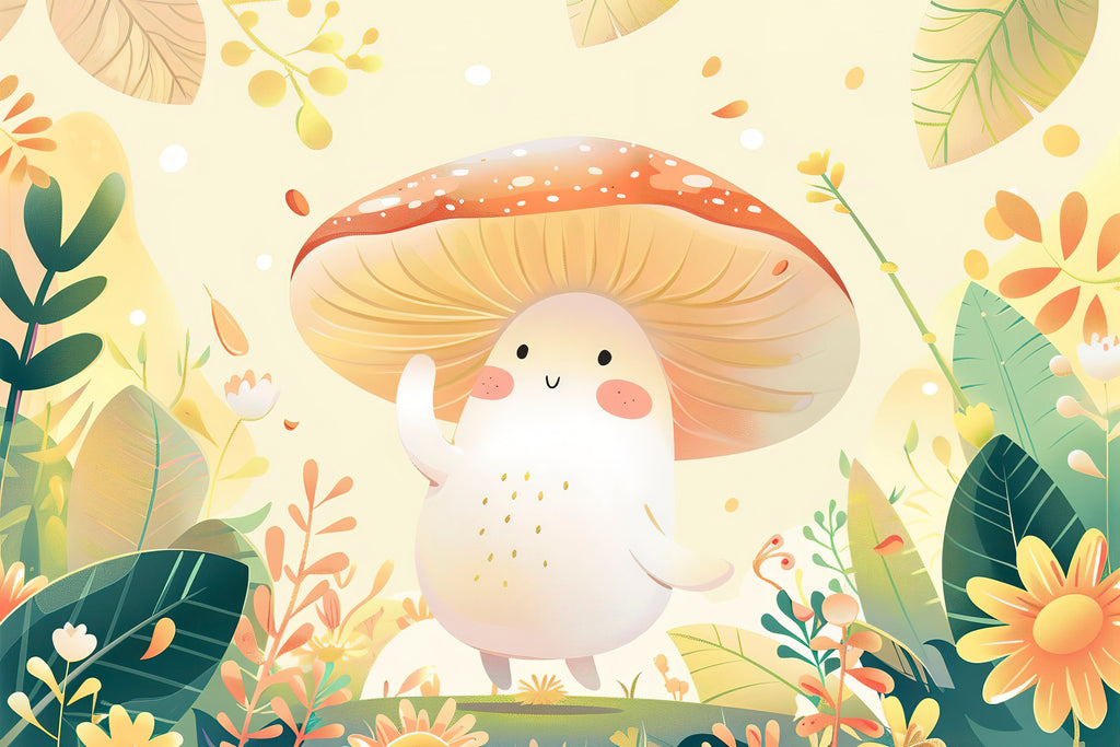 Design file of whimsical mushroom pattern with soft beige background and forest elements