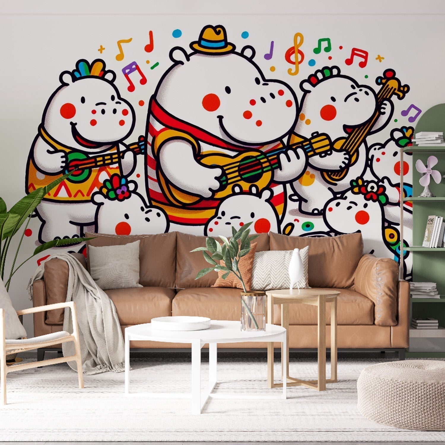 Musical hippo band wallpaper bringing joy to a bright playroom, with natural light highlighting the cheerful cartoon characters