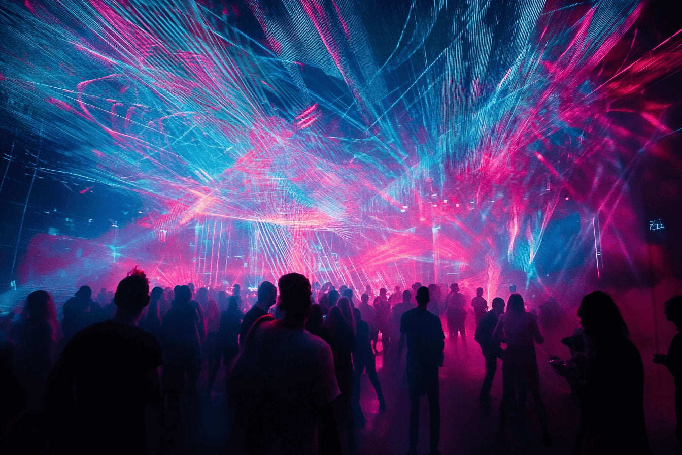 Music festival light show wallpaper design file showing detailed laser beam pattern on night sky background