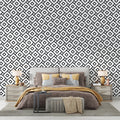 3D speaker wallpaper creating depth in a modern living room with black furniture and ambient lighting
