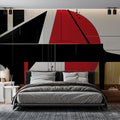 Modern music wall mural featuring geometric piano design in a contemporary living room setting with clean furniture