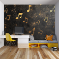 Musical notes wallpaper in a modern living room, black and gold design creating an elegant atmosphere
