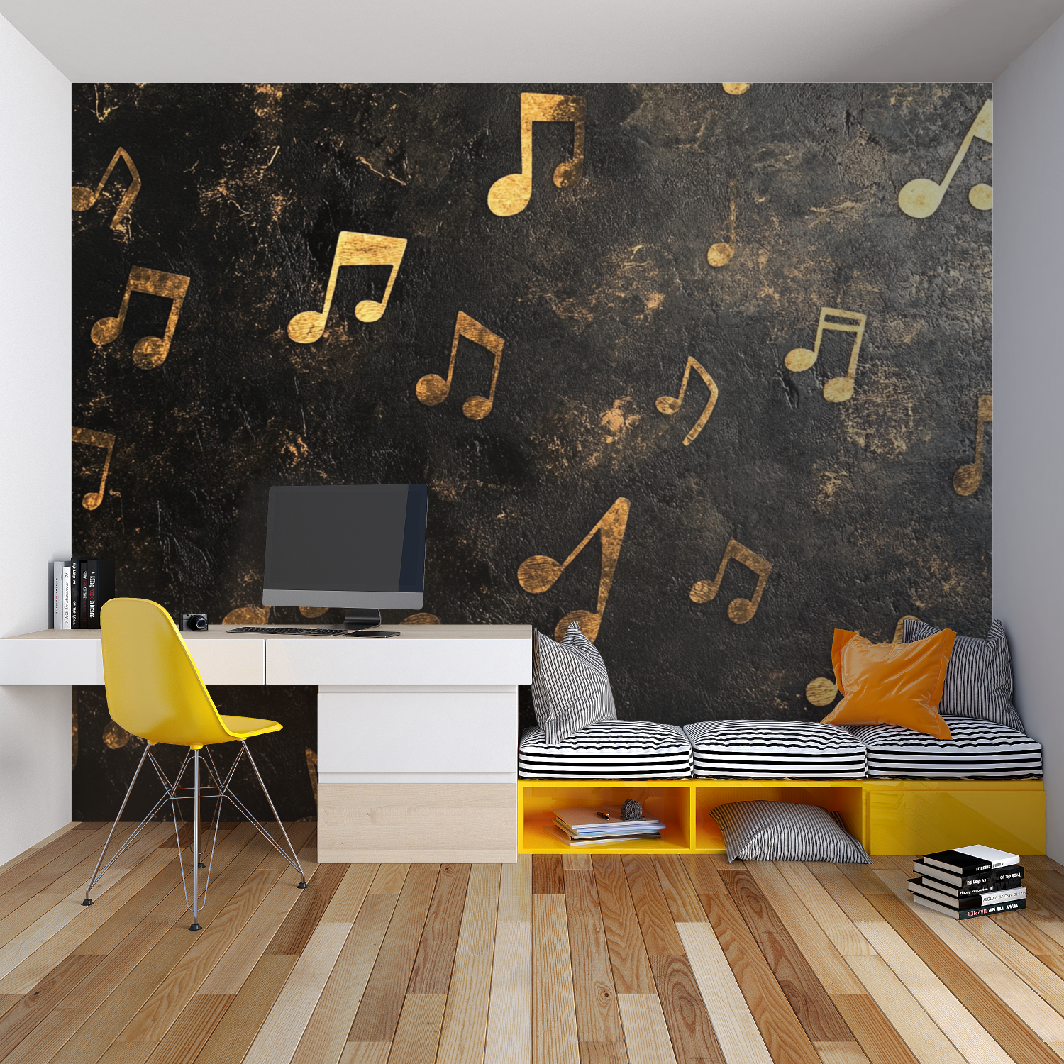 Musical notes wallpaper in a modern living room, black and gold design creating an elegant atmosphere