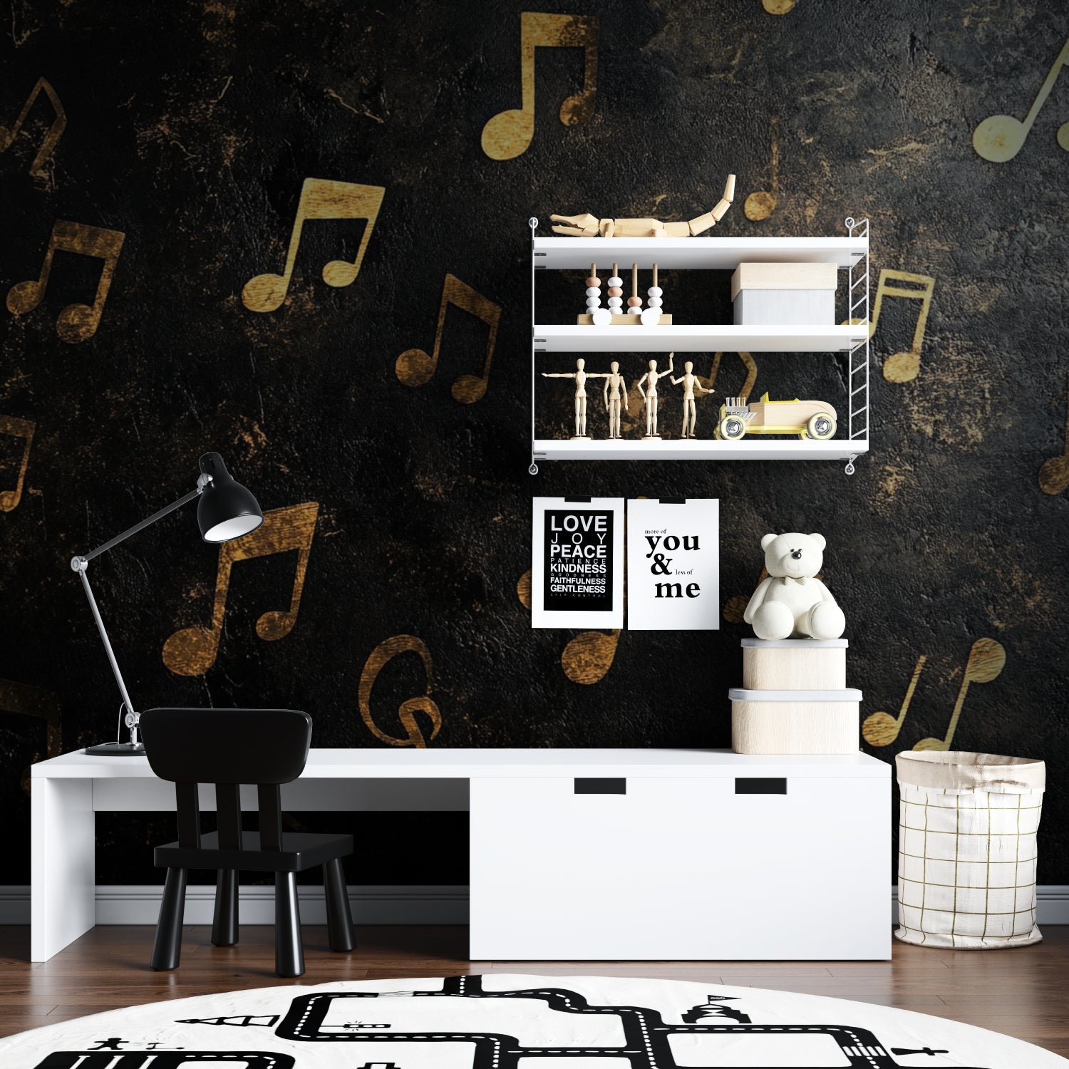 Music themed wall mural in a piano room, showing gold notes on black background