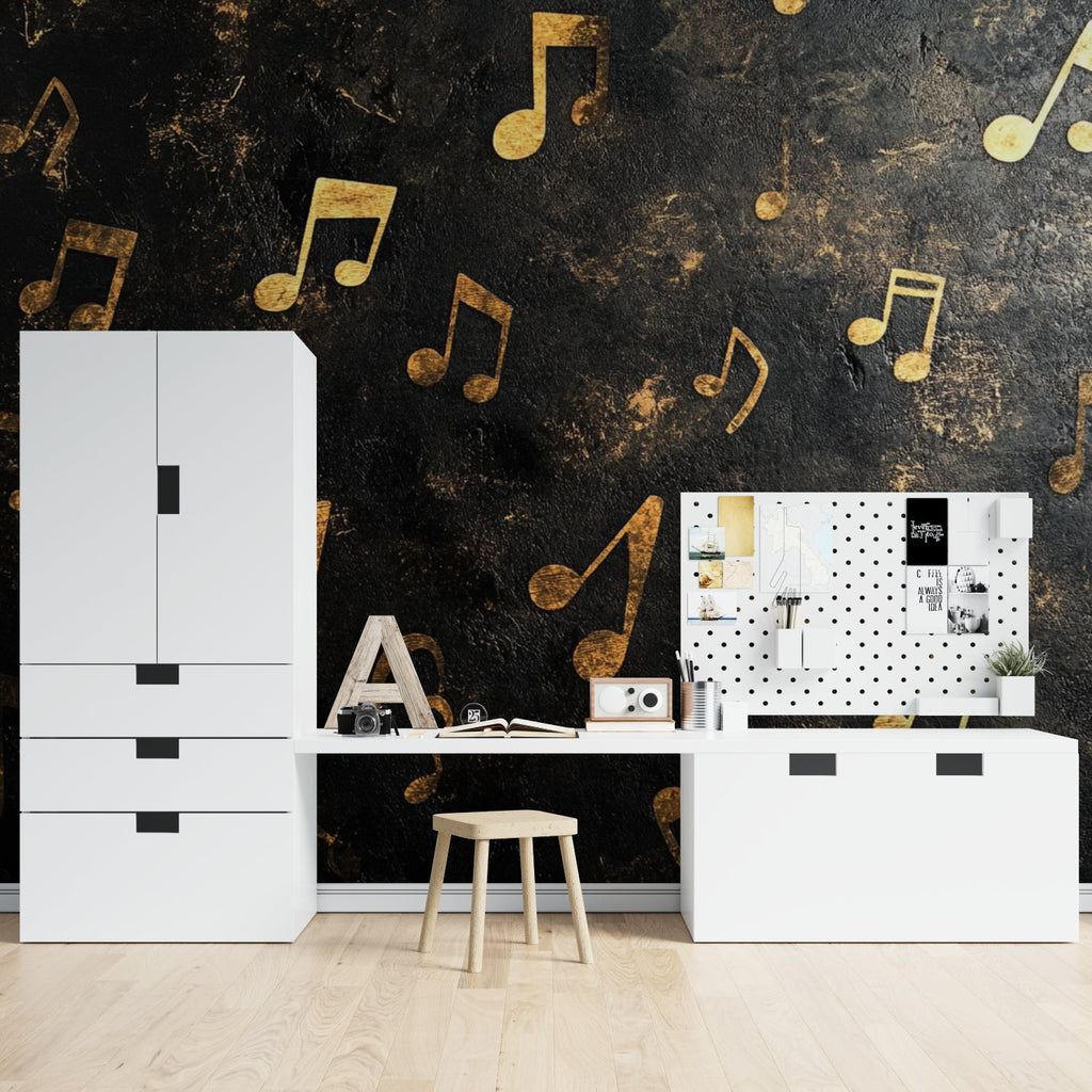 Music wallpaper creating ambiance in a home office space