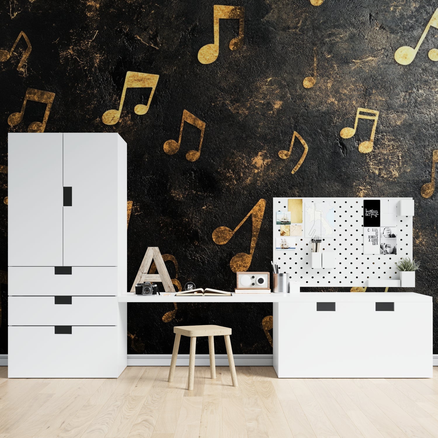 Music wallpaper creating ambiance in a home office space