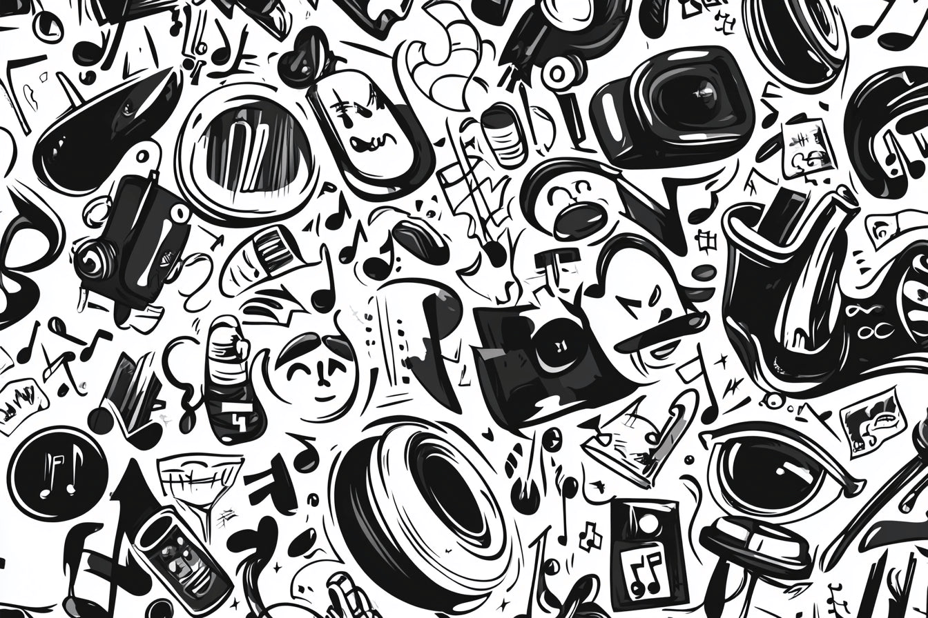 Black and white music pattern wallpaper design file showing full pattern detail