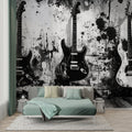 Black and white guitar wallpaper in modern living room showing dramatic contrast and urban style