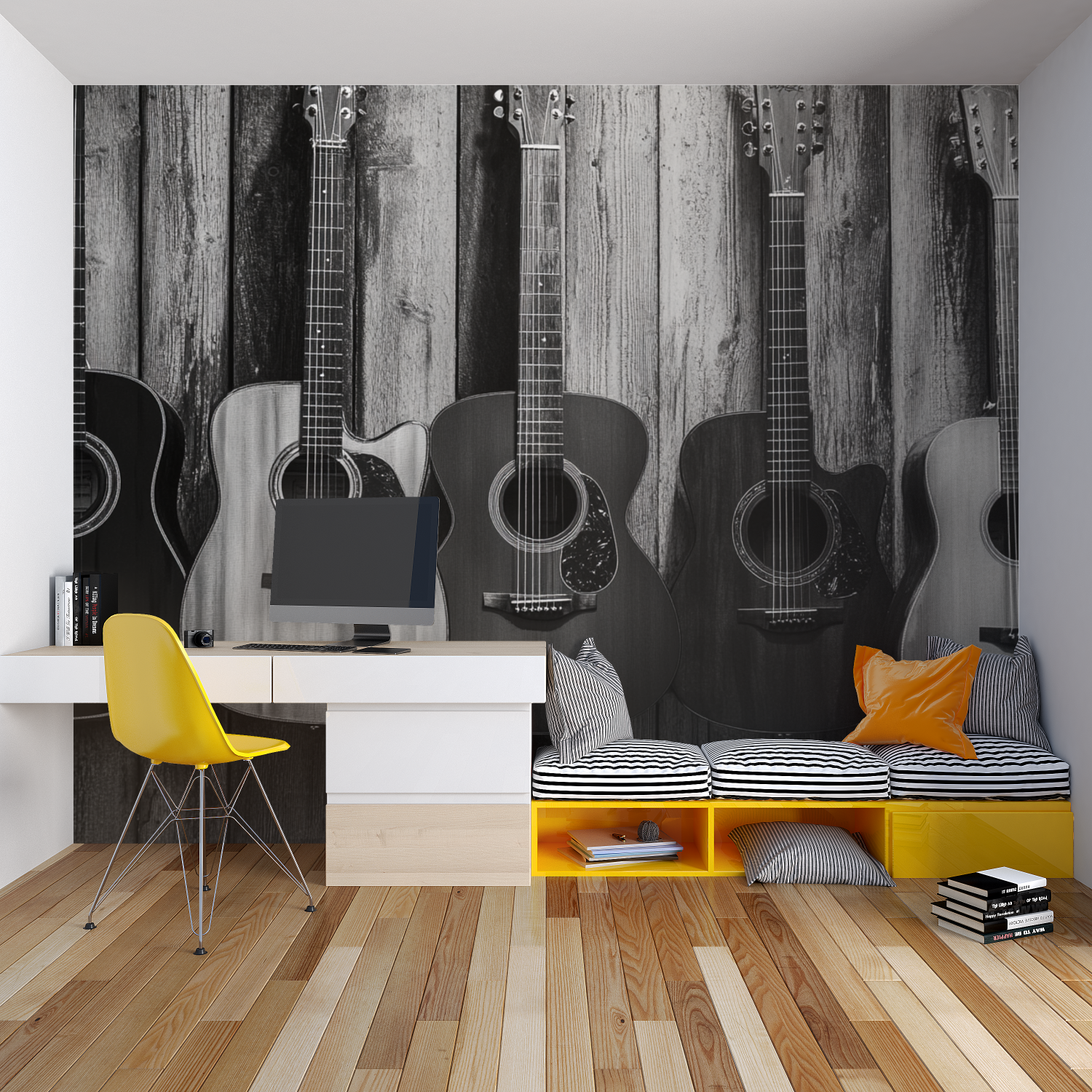 Guitar wall mural displayed in home studio showing acoustic instruments in monochrome style