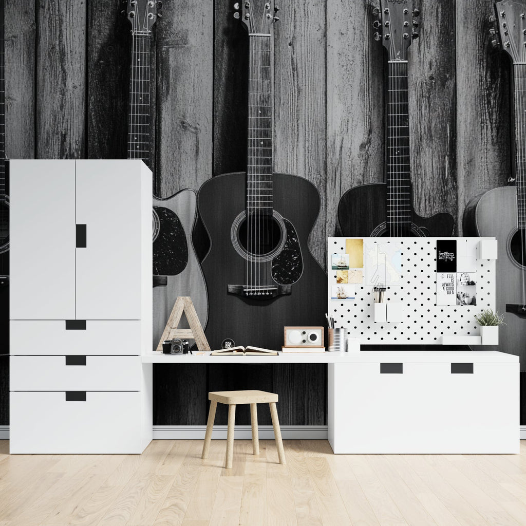 Music wallpaper featuring guitars in dining room, adding artistic black and white charm