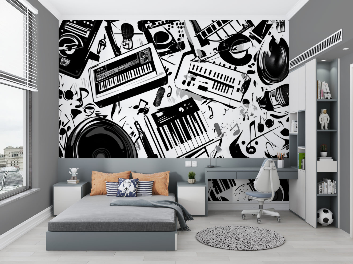 Black and white music wallpaper displayed in teenage bedroom with guitar collection
