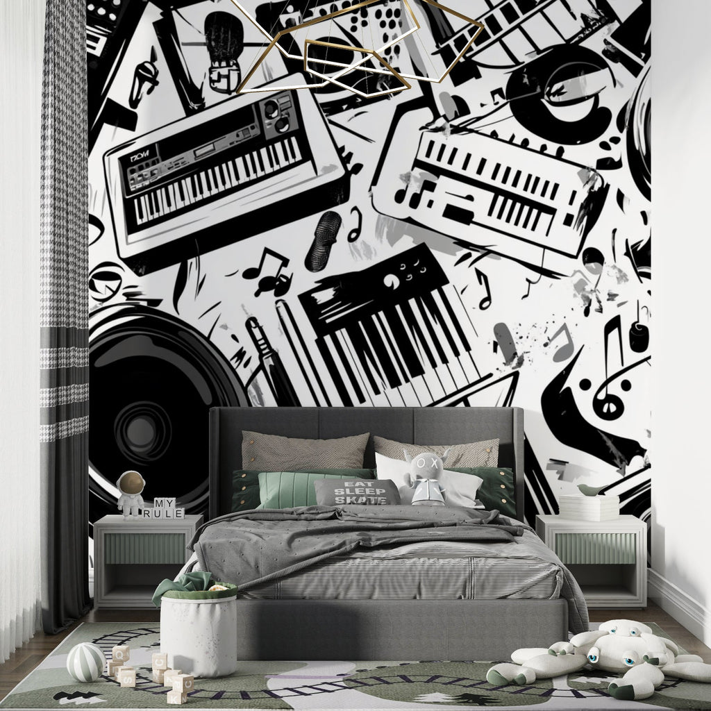 Musical instrument wallpaper creating bold statement in living room entertainment area