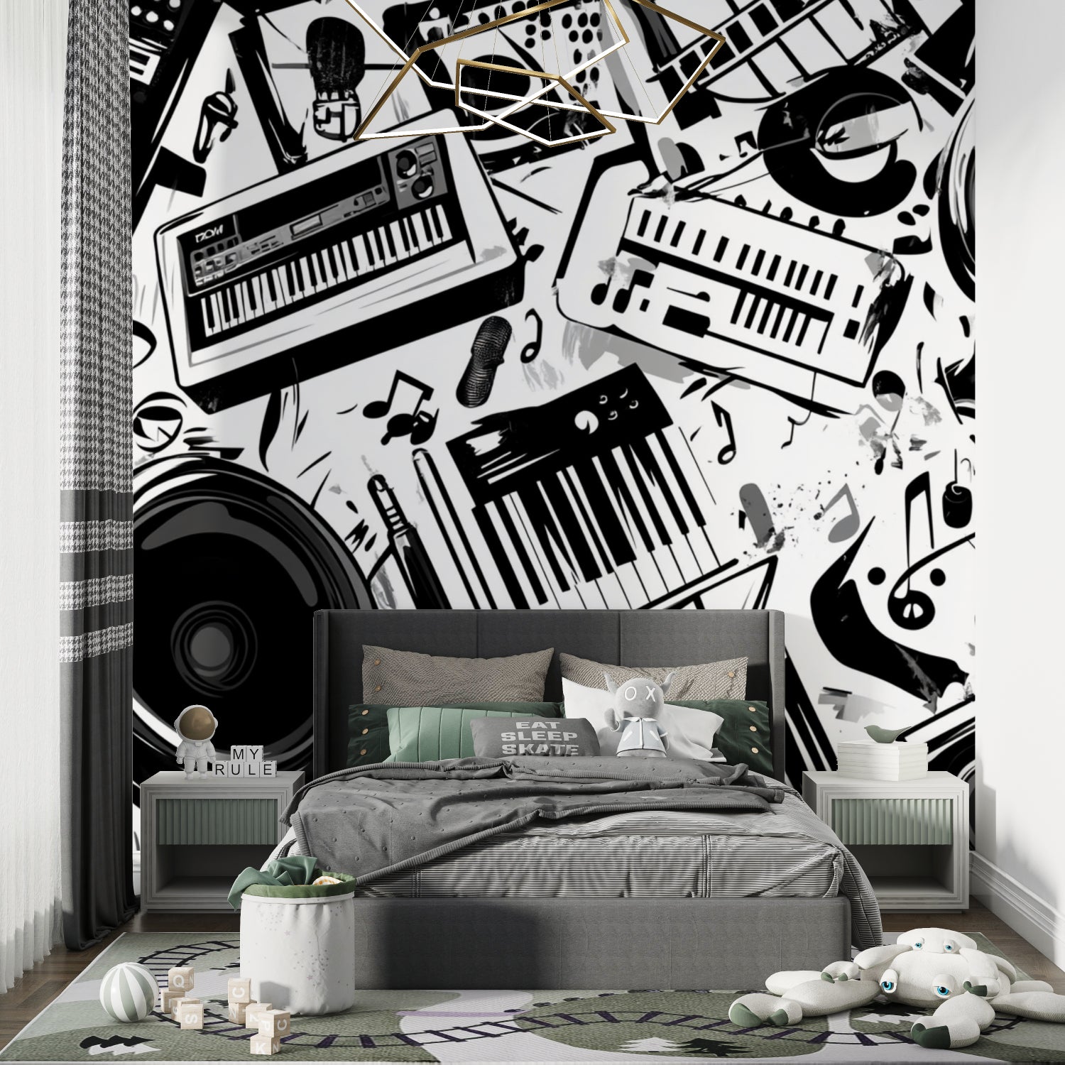 Musical instrument wallpaper creating bold statement in living room entertainment area