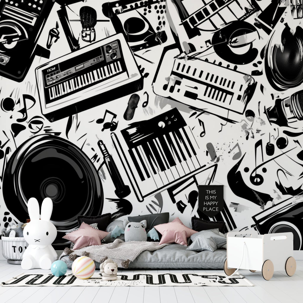 Music themed wall mural in modern home office showing scale and pattern detail
