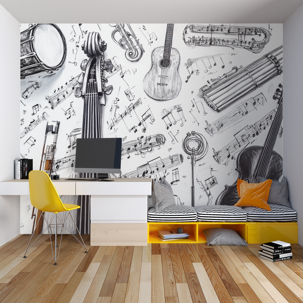 Musical notes wall mural bringing artistic touch to bedroom interior with piano corner