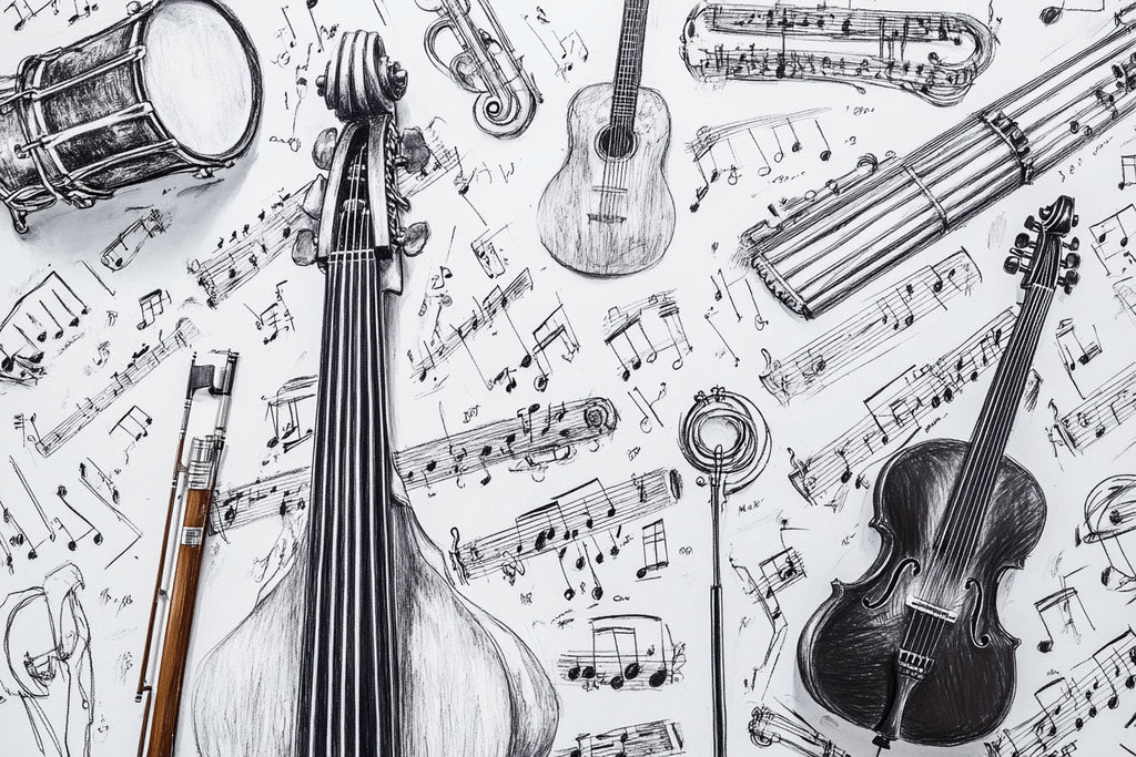 Design file of black and white musical instruments sketch pattern showing intricate details and flowing notes