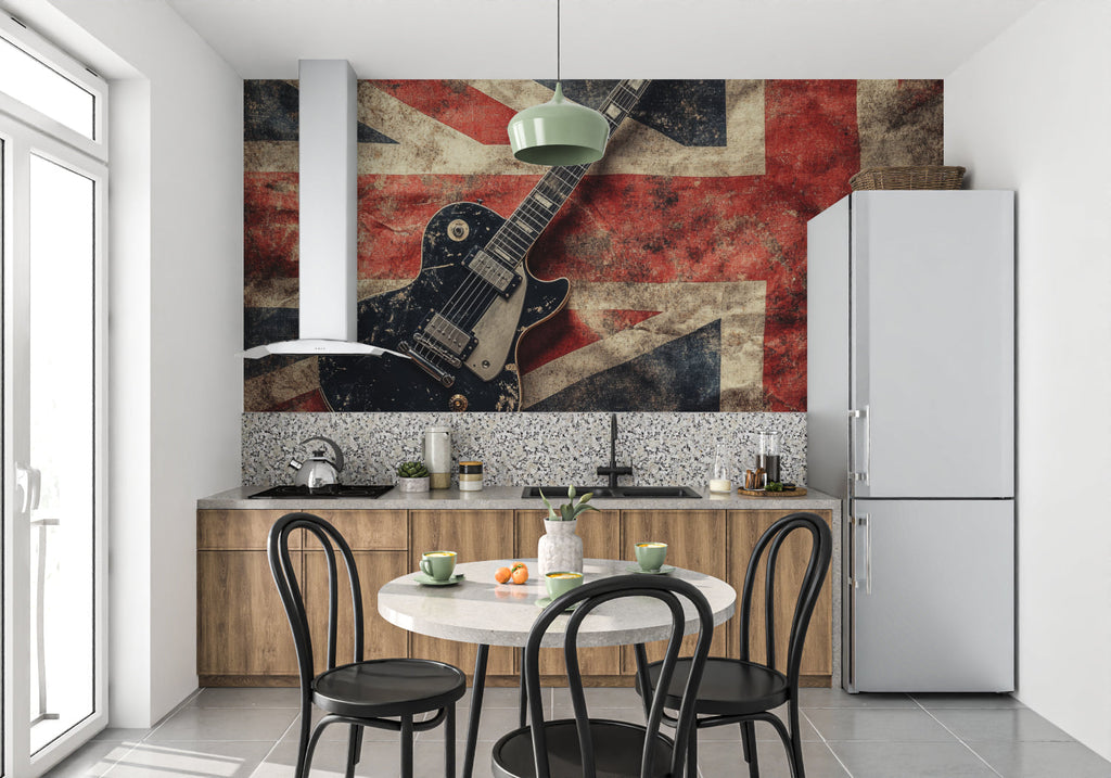 Guitar wall mural bringing character to modern apartment living space